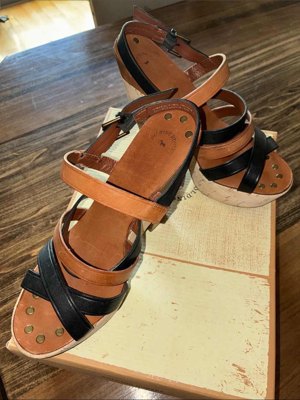 HOLDING HORSES Two-Tone Tan and Black Cork Wedge Sandals